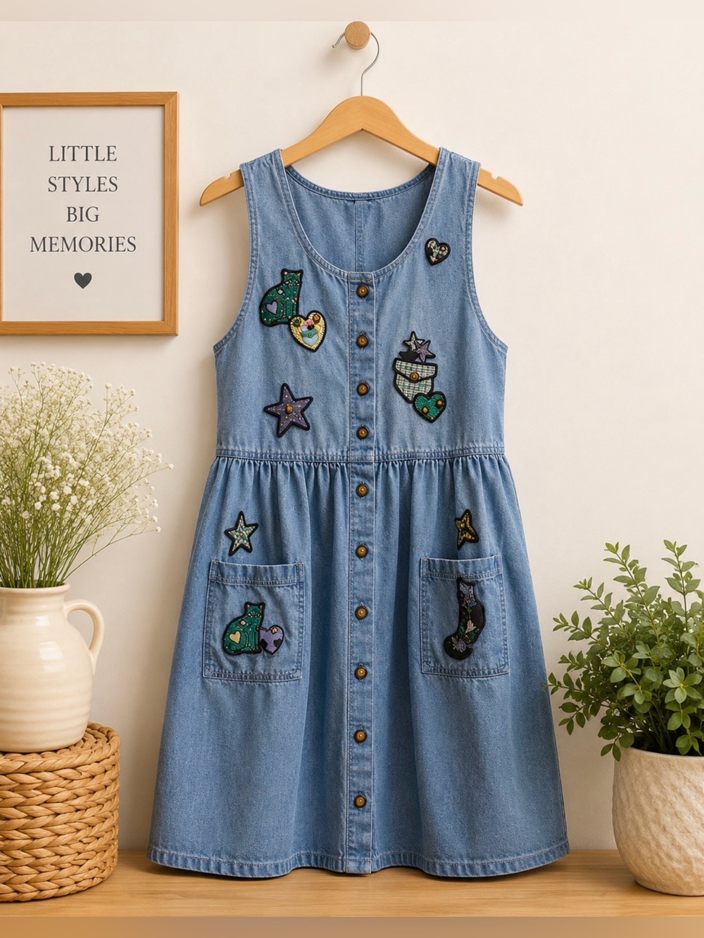 Cat appliqué vintage denim Jean sleeveless dress